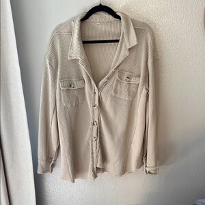 Amazon Women's Beige Textured Button Down Shirt